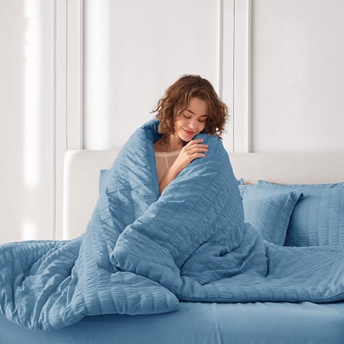 MUXHOMO 5 Pieces Twin Comforter Set, Seersucker Bed in a Bag Twin Size, All Season Luxury Bedding Set with Comforter, Flat Sheet, Fitted Sheet, Pillowcase & Sham, Mineral Blue