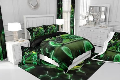 Feelyou Kids Dirt Bike Comforter Set,Extreme Sports Motocross Bedding Set Toddler Size,Boys Bedroom Room Decor,Green Neon Honeycomb Racing Motocross Comforter,Motorcycle Teens Bed Set for All Season