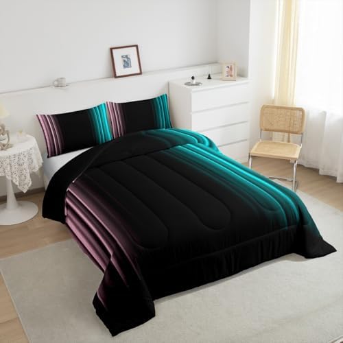 Feelyou Teens Abstract Ombre Decorations Bedding Set for Kids Women Pink Teal and Black Comforter Set Geometric Modern Quilt Set Room 2Pcs Twin Size