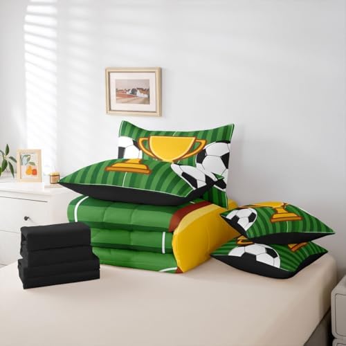 Erosebridal Soccer Gaming Boys Kids Football Court Green 7 Piece Bedding Set Twin | Sports Theme Playground Comforter Set with Sheets Ball Games Bed in A Bag Striped Geometric Bed Sets