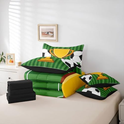 Erosebridal Soccer Gaming Boys Kids Football Court Green 7 Piece Bedding Set Twin | Sports Theme Playground Comforter Set with Sheets Ball Games Bed in A Bag Striped Geometric Bed Sets