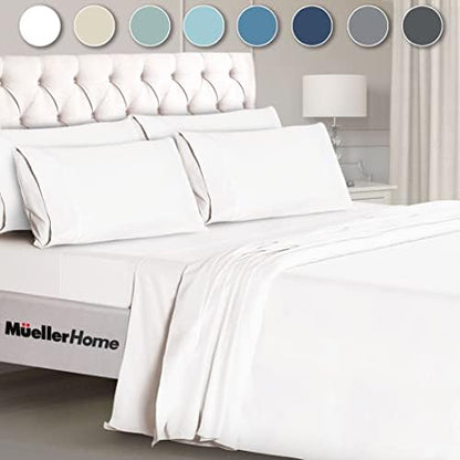 Mueller Luxury 6 PC Full Size Bed Sheets, Super Soft, Deep Pocket up to 16" Full Size Sheets, Transfers Heat, Breathes Better, Hypoallergenic, Wrinkle-Resistant, Oeko-TEX, White