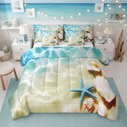 Erosebridal Ocean 7 Piece Bedding Set Twin Beach Comforter Set with Sheets Coastal Nature Bed in A Bag Hawaiian Sea Wave Animals Shell Starfish Bed Sets with 2 Pillowcases, 2 Throw Pillow Covers