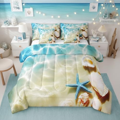 Erosebridal Ocean 7 Piece Bedding Set Queen Beach Comforter Set with Sheets Coastal Nature Bed in A Bag Hawaiian Sea Wave Animals Shell Starfish Bed Sets with 2 Pillowcases, 2 Throw Pillow Covers