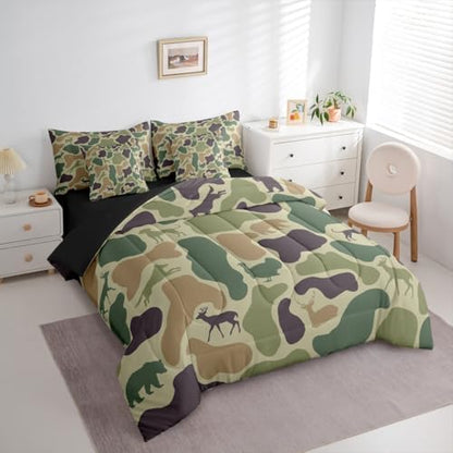 Erosebridal Hunting 7 Piece Bedding Set Full Camouflage Comforter Set with Sheets Purple Green Army Farmhouse Bed in a Bag Deer Hound Bear Turkey Wolf Print for Kids Boys Girls