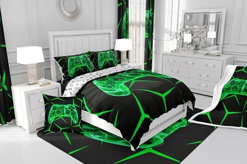 Castle Fairy Black Green Games 3 Pcs Queen Size Comforter Set,Geometric Honeycomb Gaming Down Alternative Adults Room Decor,Game Controller Ultra Soft Microfiber Inner Fill 3Pcs Bedding