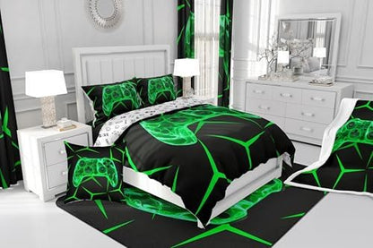 Castle Fairy Black Green Games 3 Pcs Queen Size Comforter Set,Geometric Honeycomb Gaming Down Alternative Adults Room Decor,Game Controller Ultra Soft Microfiber Inner Fill 3Pcs Bedding