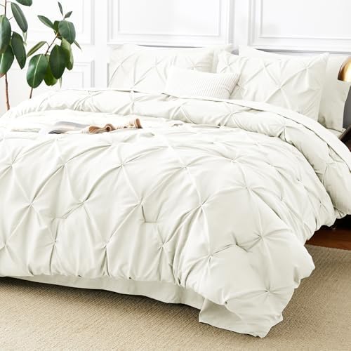 CozyLux Full Size Comforter Sets Ivory, 7 Pieces Pintuck Bed in a Bag
