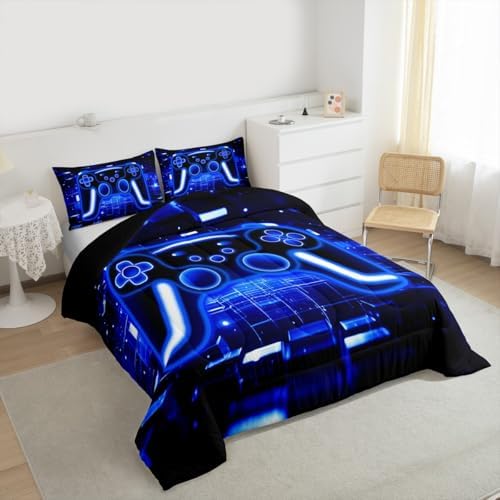 Erosebridal Gamer Comforter Set Gaming Girl Toddler Bedding Set, Neon Lights Video Game Console Comforter Blue Brick Cube Quilt,Gamer Decor for Boys Bedroom