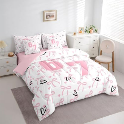 Erosebridal 67 Funny Number Print Twin Comforter Set with Sheets for Kids Girls Cute Pink Bow Bedding Set 7 Piece Six Seven Bowknot Bed in A Bag Dreamy Princess Sheet with Comforter