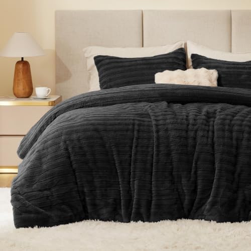 BEDELITE Faux Fur King Size Comforter Set, Fluffy Bed Set, Black