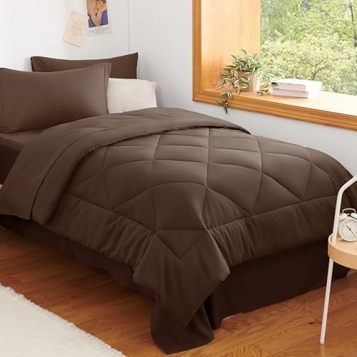 CozyLux Twin Comforter Set 68"x88" Brown - 5 Piece Bed in a Bag