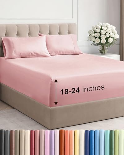 Extra Deep Queen Sheet Set - 4 Piece Breathable Cooling Sheets - Baby Pink