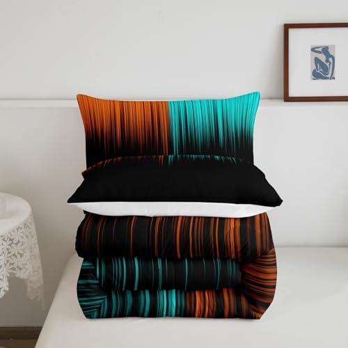Feelyou Abstract Ombre Comforter Set Full Size, Kids Teens Orange and Teal Girls Bedding Sets Decor Modern Geometric Stripes Quilt Set with 2 Pillow Cases
