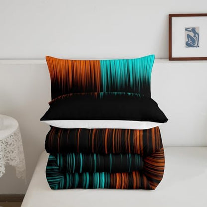 Feelyou Abstract Ombre Comforter Set Full Size, Kids Teens Orange and Teal Girls Bedding Sets Decor Modern Geometric Stripes Quilt Set with 2 Pillow Cases