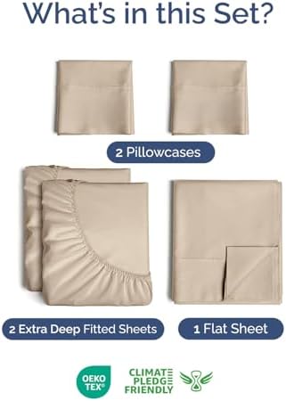 Extra Deep Split King Sheet Set - 5 Piece Breathable Cooling Sheets - Cream