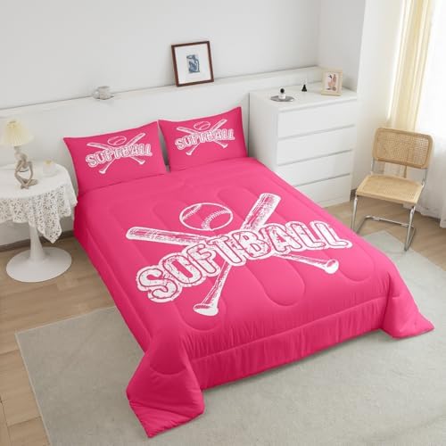 Homewish Softball Full Size Comforter Set,Sports Gaming Bedding Set for Adults Teens,Children Sport Softball Comforter Luxury Pink White Quilt Set Room Decor 3Pcs