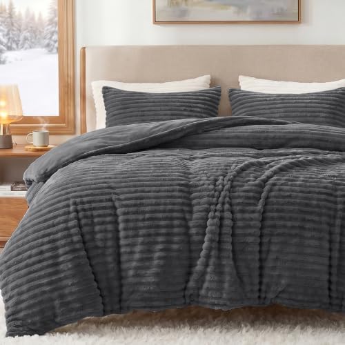 CozyLux Fleece King Size Comforter Set, 3 Piece Warm Dark Grey Bedding