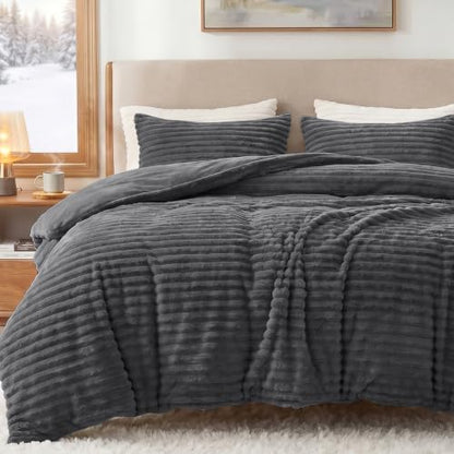 CozyLux Fleece King Size Comforter Set, 3 Piece Warm Dark Grey Bedding