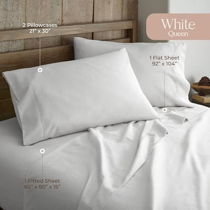 100% Organic Flannel Sheets Queen Size - GOTS Certified 100% Cotton Flannel Sheets Set with Comfortable Soft Brushed Finish & Deep Pocket - 1 Flat 1 Fitted & 2 Pillowcases (White, Queen)