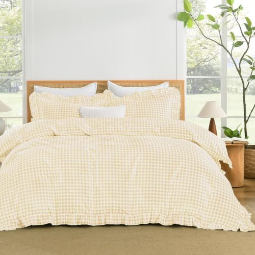 Andency Yellow Gingham Duvet Cover Queen, Ruffle Shabby Bedding Set 3 Pcs