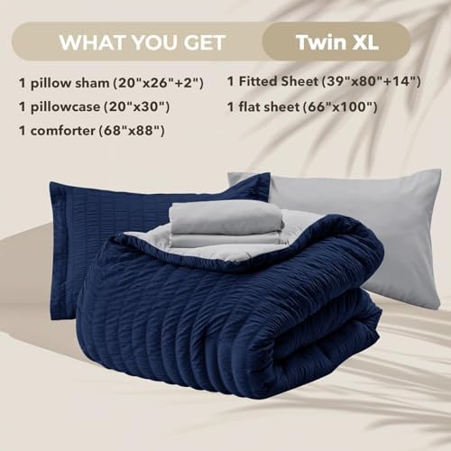 HYMOKEGE Navy Blue/Light Grey Twin XL Comforter Set Seersucker 5 Pieces, All Season Luxury Bed in a Bag for Bedroom, Bedding Set with Comforter, Sheets, Pillowcase & Sham