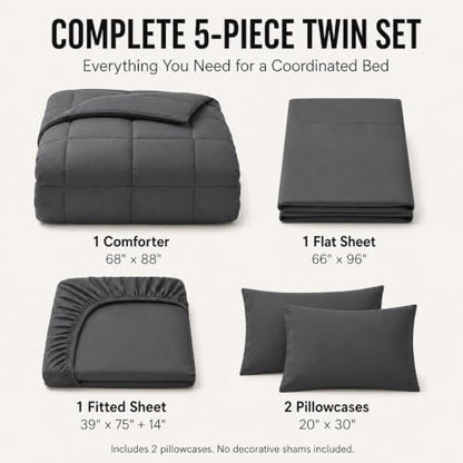 CozyLux Twin Comforter Set Dark Grey - 5 Pieces Bed in a Bag