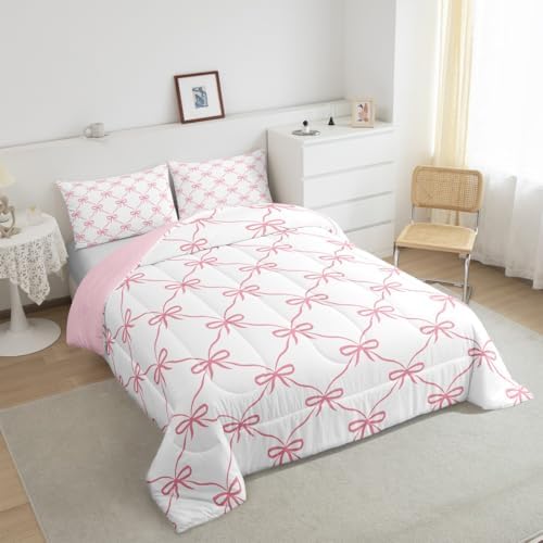 Manfei Pink Bow Comforter Set King Size, Cute Bowknot Geometric Lattice Patchwork Bedding Set 3pcs, Princess Kawaii Bow Tie Down Comforter for All Season, Kids Girls Room Decor, 2 Pillowcases
