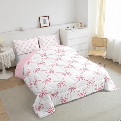 Manfei Pink Bow Comforter Set King Size, Cute Bowknot Geometric Lattice Patchwork Bedding Set 3pcs, Princess Kawaii Bow Tie Down Comforter for All Season, Kids Girls Room Decor, 2 Pillowcases