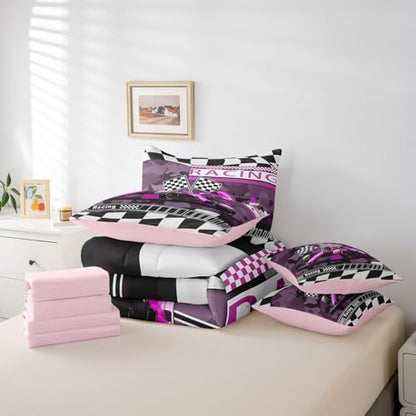 Purple Black Race Car 7 Pieces Bedding Set Twin Bed in a Bag,Racing Car Extreme Sports Comforter Set with Comforter,Flat,Fitted Sheet,Pillowcases,Pillow Covers,Kids Military Camouflage Print Bedding