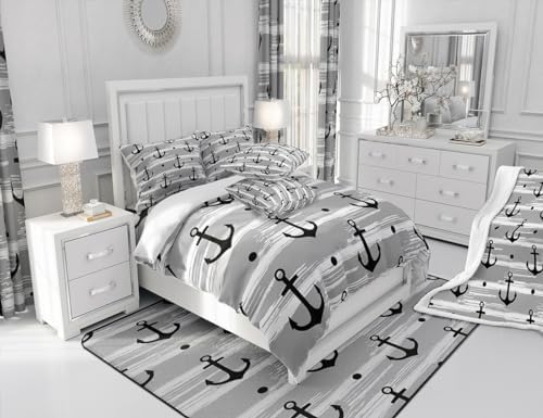 Manfei Anchor Comforter Set Full Size, Nautical Theme Bedding Set 3pcs for Kids Boys Teens Adults Bedroom Decor, Rustic Farmhouse Grey Down Comforter Soft Polyester Quilt Set with 2 Pillowcases