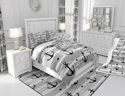 Manfei Anchor Comforter Set Full Size, Nautical Theme Bedding Set 3pcs for Kids Boys Teens Adults Bedroom Decor, Rustic Farmhouse Grey Down Comforter Soft Polyester Quilt Set with 2 Pillowcases