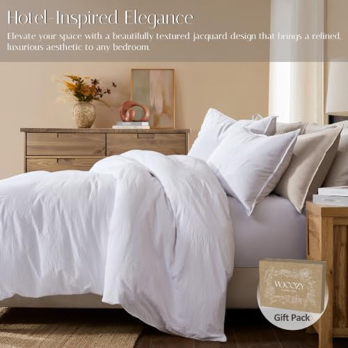WDCOZY White Full Size Jacquard Duvet Cover Set with Zipper Closure, Modern Washed Soft Striped Bedding, Textured Seersucker Like Cotton Linen, 1 Duvet Cover and 2 Pillow Shams, No Comforter
