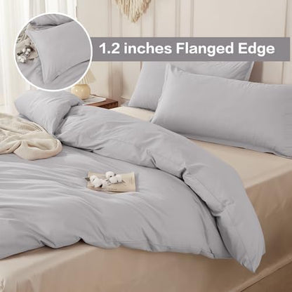 SAPHREAS 100% Washed Cotton Duvet Cover Queen Size Set, Linen Like Comforter Cover with Zipper Closure & Corner Ties (No Comforter), 90x90 Light Grey
