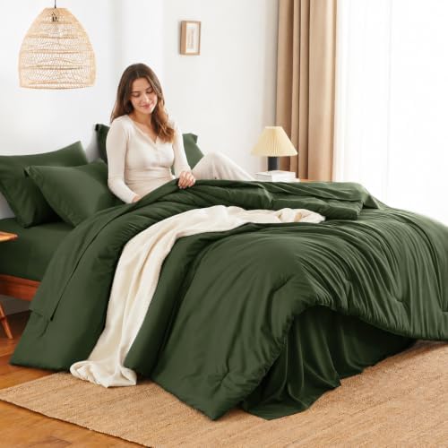 HIMEET Oversized Queen Comforter Sets, 7-Piece Point-Quilted, Olive Green
