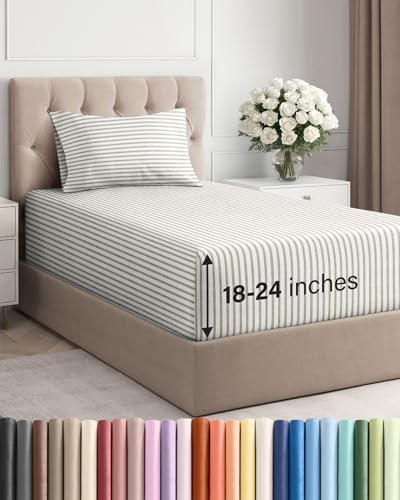 Extra Deep Twin Sheet Set - 3 Piece Breathable & Cooling - Beige Stripes