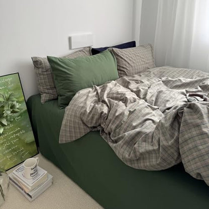 mixinni Vintage Green Buffalo Plaid Duvet Cover Set Twin XL - 3 Piece Mid-Century Washed Cotton Bedding Set with Grid Pattern, Ultra Soft & Breathable Duvet Cover with Pillowcases for All Seasons