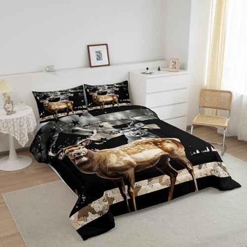 Feelyou Snowy Forest Deer Comforter Set with 1 Pillowcases,Camo American Flag Toddler Bed in a Bag Rustic Hunting Wild Animal Bedding Set for Teen Mens Bedroom Decor,Elk Comforter Boys Room Decor