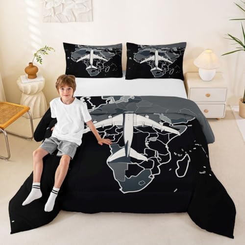 Erosebridal Airplane Comforter Set Full Aircraft Bedding Set Gradient Gray World Map Comforter for Kids Boys Girls Modern Transportation Plane Quilt Duvet
