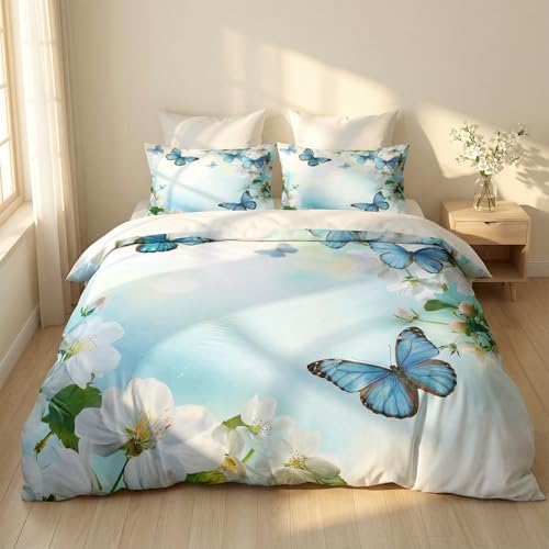 CCoutueChen Butterfly Floral Bedding Set King Size, Country Comforter for Women Blue Botanical Flowers Bedroom Decor, 3 Pcs 2 Pillowcases, 104"x90"