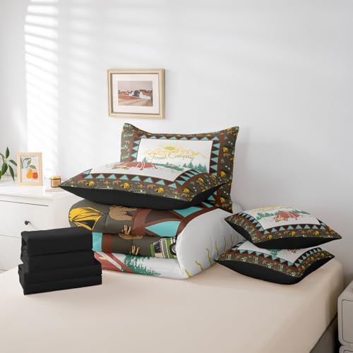Erosebridal Camping 7 Piece Comforter Set Full Bed in a Bag,Vinatge Camper Accessories Bedding,Japanese Style Down Comforter,Mount Fuji Pattern Duvet Insert,Rustic Farmhouse Bear Sheet Set