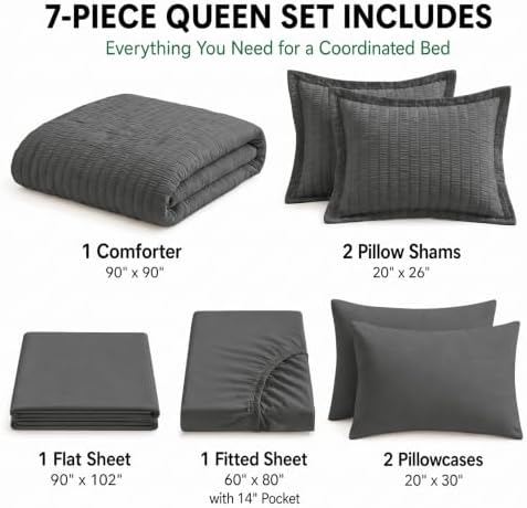 HIMEET Queen Comforter Set, 7-Piece Seersucker Bed in a Bag, Dark Grey