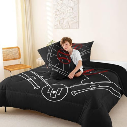 Baseball Field Print Bedding Set King Size,Boys Ball Sports Games Themed Comforter Set Room Decor for Home,Red Baseball Bat Sporting Equipment Microfiber Down Comforter,with 2 Pillowcases