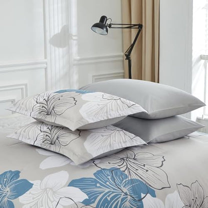 Luxudecor Floral Comforter Set Full Size, Blue Floral Comforter and Sheet Set, 7 Pieces Bed in a Bag Soft Microfiber Complete Bedding Sets for All Seasons 80"×90"