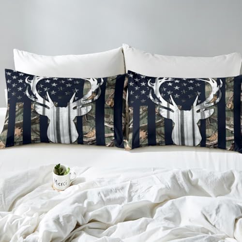Camo Toddler Size Bedding Set for Boys, Army Green Camo American Flag Comforter Set,Teens Camouflage Deer Animal Hunting Quilt Set Rustic Farmhouse Woodeen Cabin Decor Bedding Quilt,1 Pillowcase