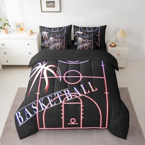 Erosebridal Basketball Bedding Comforter Sets 7pcs for Boys Room Sport Bed in a Bag, Glowing Basketball Court King Bedding Sets Sports Gamer Comforter Set, Navy Pink Red Bedding Sets & Collections