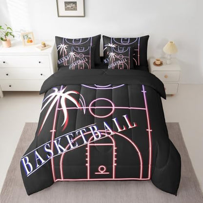Erosebridal Basketball Bedding Comforter Sets 7pcs for Boys Room Sport Bed in a Bag, Glowing Basketball Court King Bedding Sets Sports Gamer Comforter Set, Navy Pink Red Bedding Sets & Collections