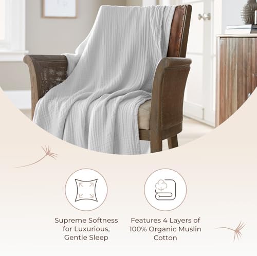 100% Cotton Organic Muslin Throw Blanket for Adults GOTS & Fairtrade Certified Organic Cotton - Couch Living Room and Bedroom Decor - 4 Layer Super Soft and Cozy (White, Twin)