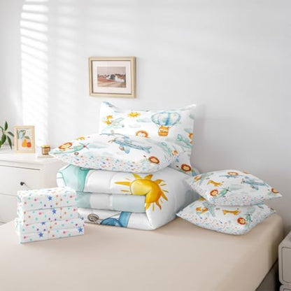 Erosebridal Cute Airplane Comforter Set with Sheets King Size, Cartoon Aircraft 7 Pcs Bedding Set, Lovely Lion Giraffe Hamster Wildlife Bed in A Bag, White Cloud Bed Sets for Boys Kids Girls Adults