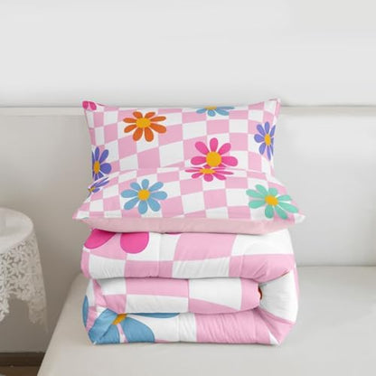 jejeloiu Cute Floral Comforter Set Full Size Pink White Checkerboard Bedding Set for Kids Boys Girls Colorful Daisy Duvet Quilt Plaid Grid Bedroom Decor Microfiber 3 Pcs with 2 Pillow Cases
